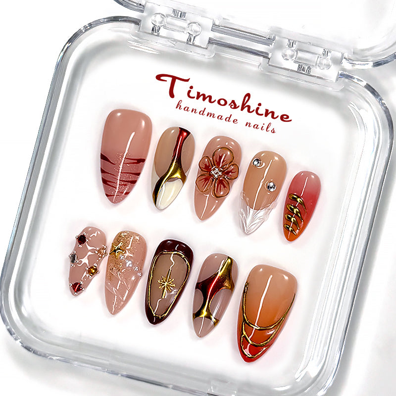 Timoshine | SUNSET GOLD 10PCS Handmade Press On Nails REUSABLE 3D Gel fake nails acrylic press nails/ 2025